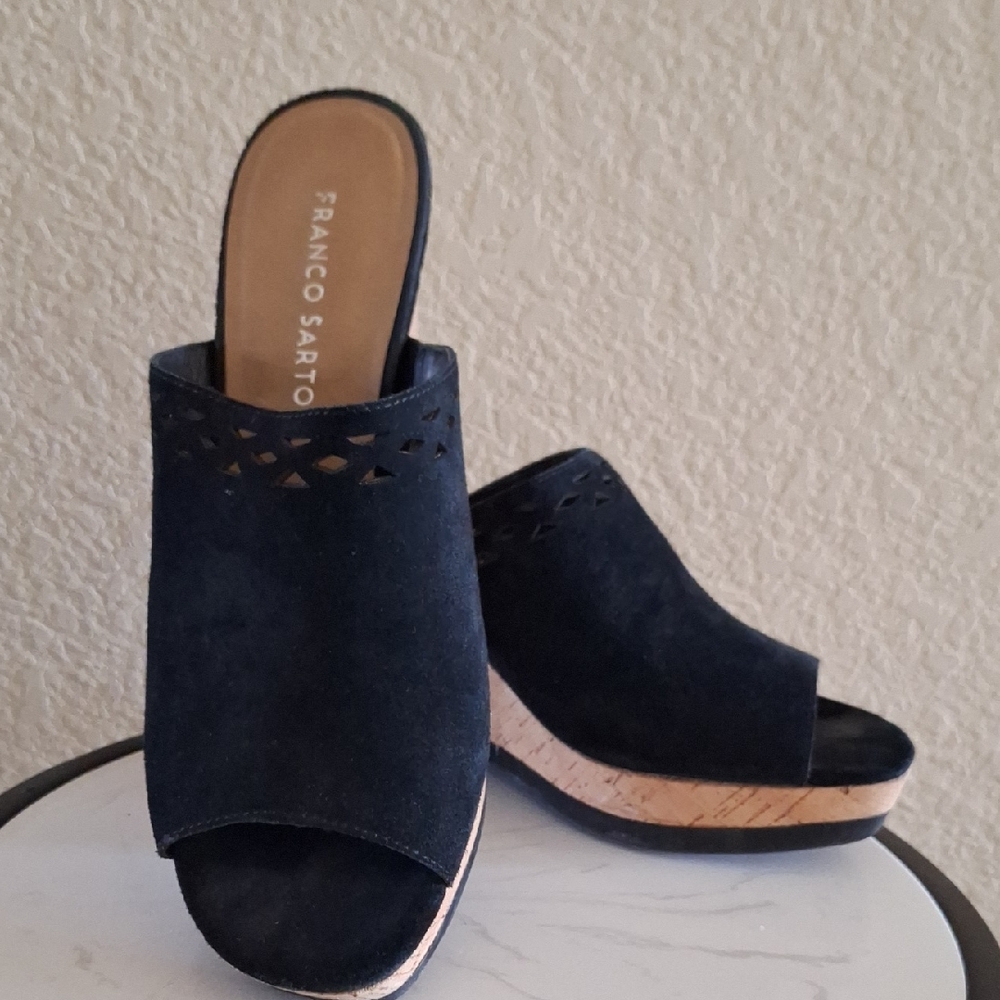 Franco Sarto Dark Blue Suede Wedge Mules